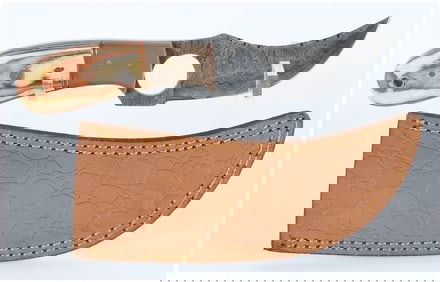 Contemporary Fixed-Blade Damascus Knife with Laminated Wood and Composite Handle and Leather Sheath