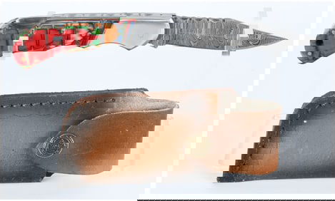 Hand Made Damascus Folding Pocket Knife with Leather Sheath