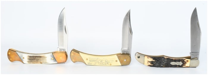 3 Schrade Scrimshaw and Uncle Henry Lockback Folding Knives