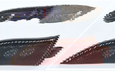 Custom Fixed-Blade Damascus Steel Knife with Leather Sheath