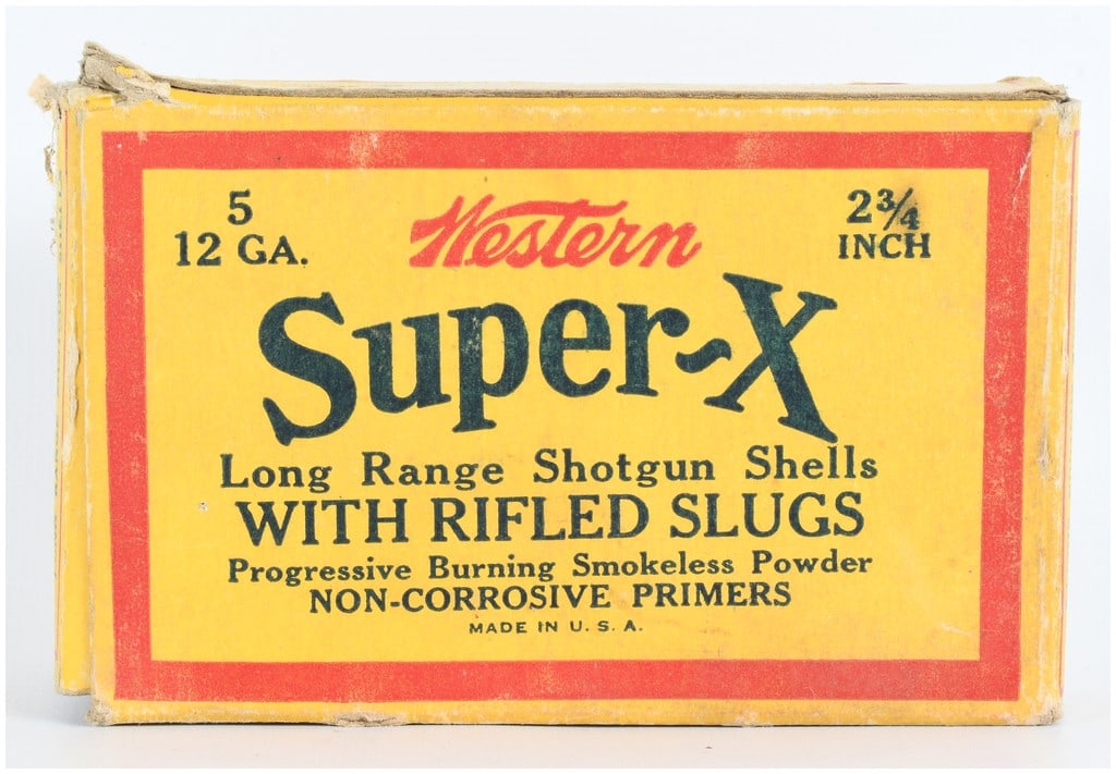 Vintage Western Super-X 12 GA. Shotgun Shells with Rifled Slugs Two Live Shells and Box Ammo: A vintage Western Super-X 12 GA. 2 3/4 inch Long Range Shotgun Shells with Rifled Slugs, manufactured by Western Cartridge Company. This lot comprises two live shells and their original vintage cardbo