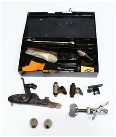 Collection of Vintage Firearm Components and Tools including Starr-Marked Items in a Metal Utility