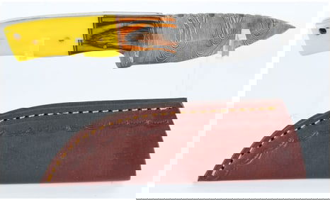 Contemporary Fixed-Blade Damascus Knife with Two-Tone Handle and Custom Leather Sheath