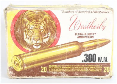 Vintage Wby .300 W.M. Ultra-Velocity Ammo 'Tiger Head' Box with 7 Live Rounds and 13 Empty Brass