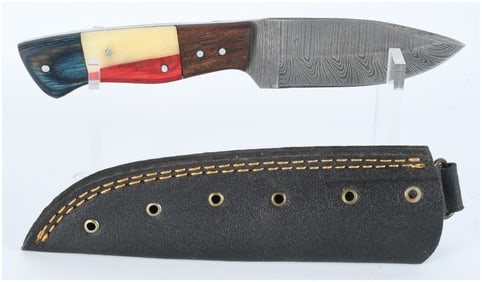 Pattern-Welded Steel Fixed-Blade Knife with Multi-Material Handle and Sheath