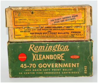 Vintage Rem Kleanbore and Win .45-70 Government Ammo Boxes with 23 Rounds including 8 Empty Brass