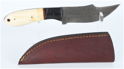 Modern Fixed-Blade Damascus Steel Hunting Knife with Bone and Wood Handle and Leather Sheath