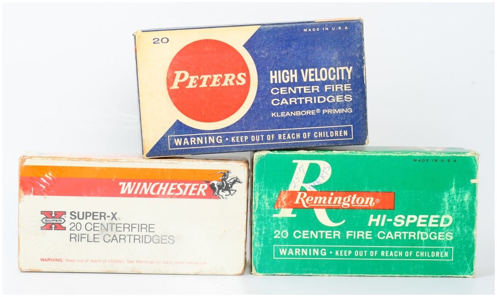 3 Boxes of Vintage .257 Roberts Rifle Ammo by Peters Win and Rem: This lot features three boxes of vintage .257 Roberts centerfire rifle cartridges, each containing 20 rounds and marked "MADE IN U.S.A." The collection includes a blue and red Peters box labeled "High