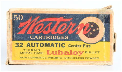 Vintage Western .32 Automatic Center Fire Lubaloy Ammo Box of 50 Live Rounds
