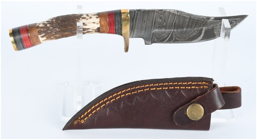 Contemporary Damascus Steel Fixed-Blade Hunting Knife with Composite Antler Handle and Leather