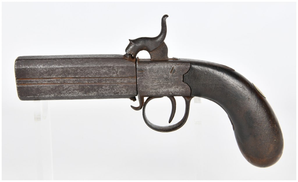 Antique 19th-Century Percussion Box-Lock Pepperbox Pistol: Antique 19th-Century Percussion Box-Lock Pepperbox Pistol. This antique pistol features a revolving cluster of two barrels, an exposed external hammer, and a simple trigger. It is constructed primaril