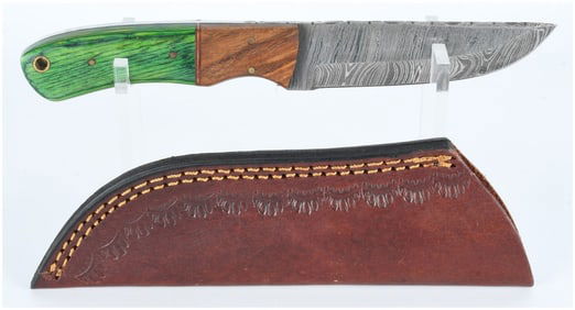 Modern Damascus Steel Fixed-Blade Knife with Two-Tone Handle and Tooled Leather Sheath