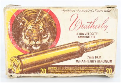 Vintage Wby 7mm W.M. Mag Ultra-Velocity Ammo 'Tiger Box' with 12 Live Rounds and 1 Empty Case