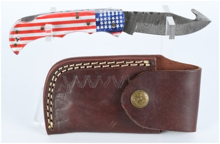 Modern Custom Handmade Damascus Steel Folding Knife with American Flag Handle and Leather Sheath