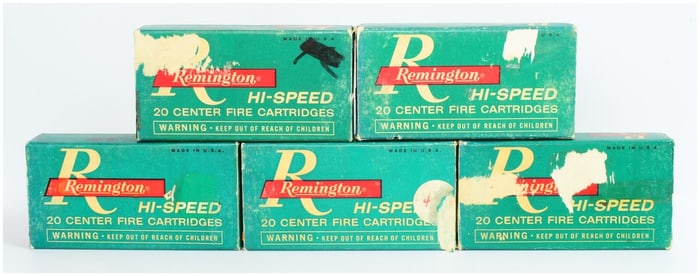 Five Vintage Rem Hi-Speed .222 Rem MAG. Ammo Boxes with Approximately Nineteen Ammo