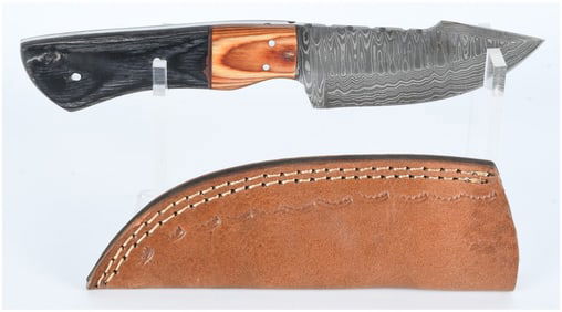 Custom Handmade Damascus Steel Fixed-Blade Hunting Knife with Two-Tone Wood Handle