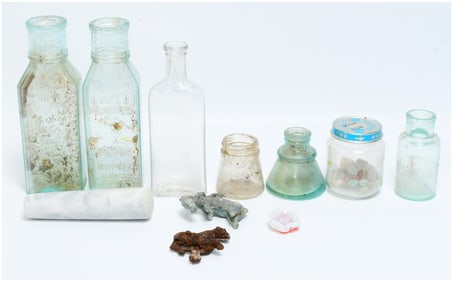 Collection of 10 Antique and Vintage Glass Bottles Jars and Assorted Objects