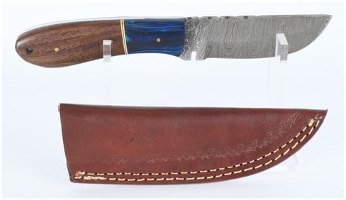 Contemporary Damascus Steel Fixed-Blade Knife with Composite and Wood Handle accompanied by a