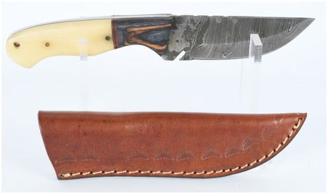 Damascus Steel Fixed Blade Knife with Bone and Wood Handle with Sheath