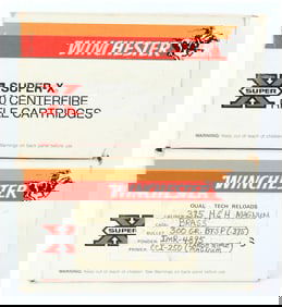 A Lot of 24 Winchester Super-X .375 H&H Magnum Rifle Cartridges and Two Empty Boxes