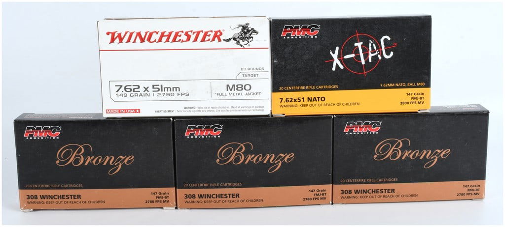 A Lot of 100 Rounds of PMC and Winchester Centerfire Rifle Ammunition in .308 Winchester and 7.62x51: A collection of 100 rounds of new, factory-loaded centerfire rifle ammunition, packaged in five separate 20-round boxes. This lot includes a mix of commercial .308 Winchester and