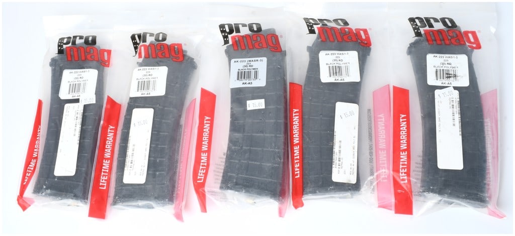 A Group of 5 ProMag AK-223 WASR-3 (AK-A5) 30-Round Black Polymer Magazines for .223 Caliber: A group of five (5) new, sealed ProMag detachable box magazines. These magazines are specifically identified on the packaging as Model AK-223 WASR-3 (AK-A5), designed for rifles chambered in .223
