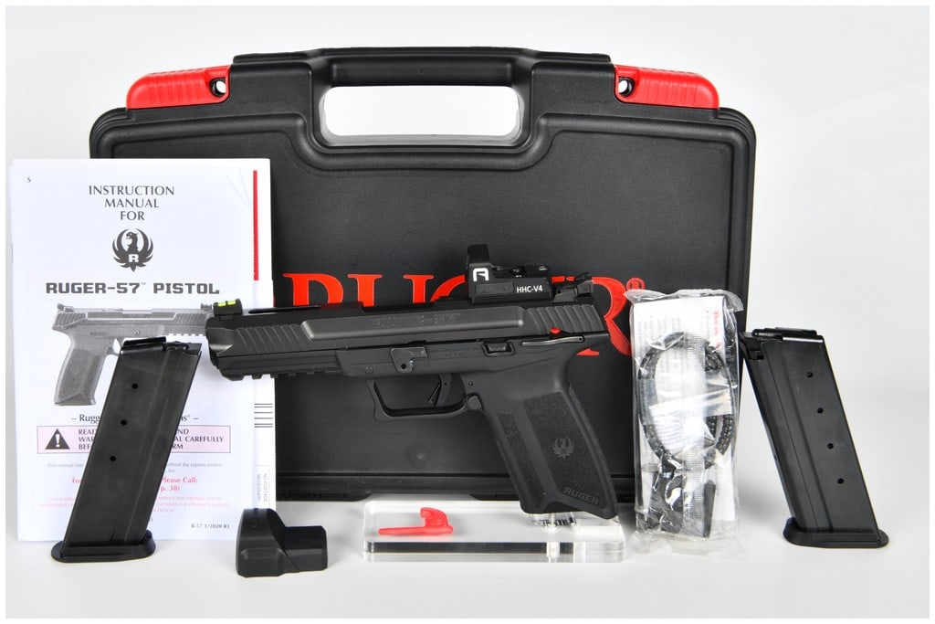 Ruger Model-57 Semi-Automatic Pistol in 5.7x28mm (5 inch BBL): This lot contains two items, a Ruger Model-57 semi-automatic pistol and its associated accessories. The pistol is chambered in 5.7x28mm and utilizes a semi-automatic action. It features a matte black