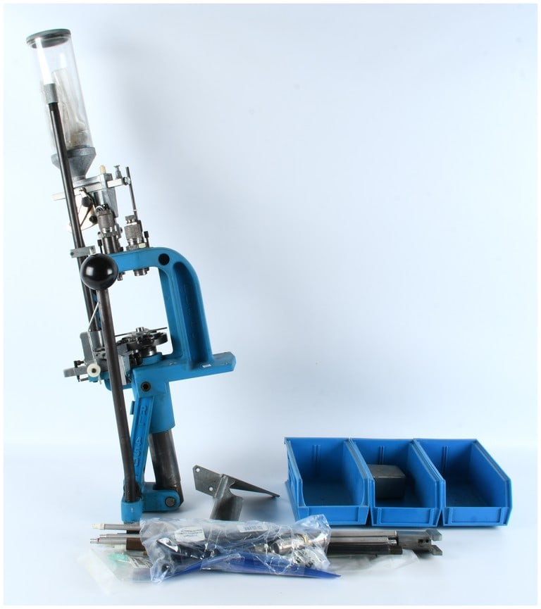 Dillon Precision RL 550 Progressive Ammunition Reloading Press with Conversion Accessories: Dillon Precision RL 550 Progressive Reloading Press. This lot consists of a used progressive ammunition reloading press manufactured by Dillon Precision, featuring the characteristic bright blue ename