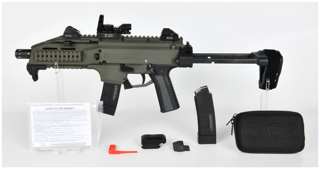 CZ Scorpion EVO 3 S1 Semi-Automatic Pistol in 9x19mm (BBL 7.7) Serial Number D126920: This lot consists of two items, centered around one modern semi-automatic large-format pistol, the CZ Scorpion EVO 3 S1, chambered in 9x19mm. The firearm features an Olive Drab Green (ODG) polymer rec