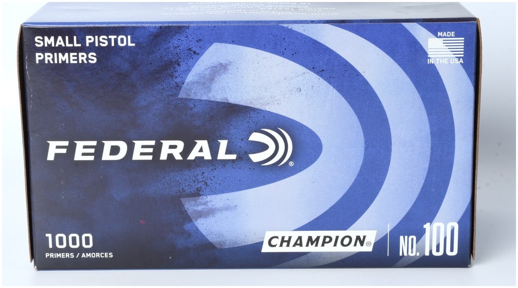 Federal Champion No. 100 Small Pistol Primers, Lot of 1000: A lot of 1000 Federal Champion No. 100 Small Pistol Primers. These are centerfire reloading components designed for use in small pistol calibers. The primers are contained within the original blue and