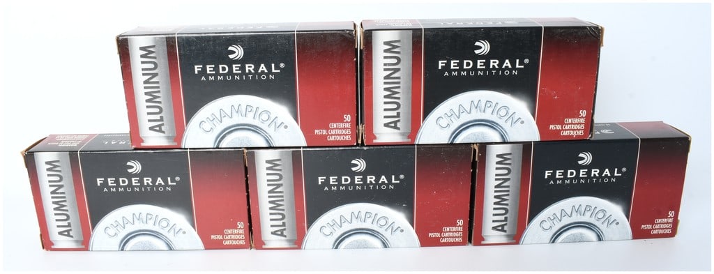 A Lot of 250 Rounds Federal Champion 45 AUTO 230 Grain FMJ Aluminum Cased Ammunition: This lot consists of 250 rounds of Federal Champion Centerfire Pistol Cartridges in .45 AUTO caliber. This quantity is consistent with five factory boxes, each containing 50 cartridges. The ammunition