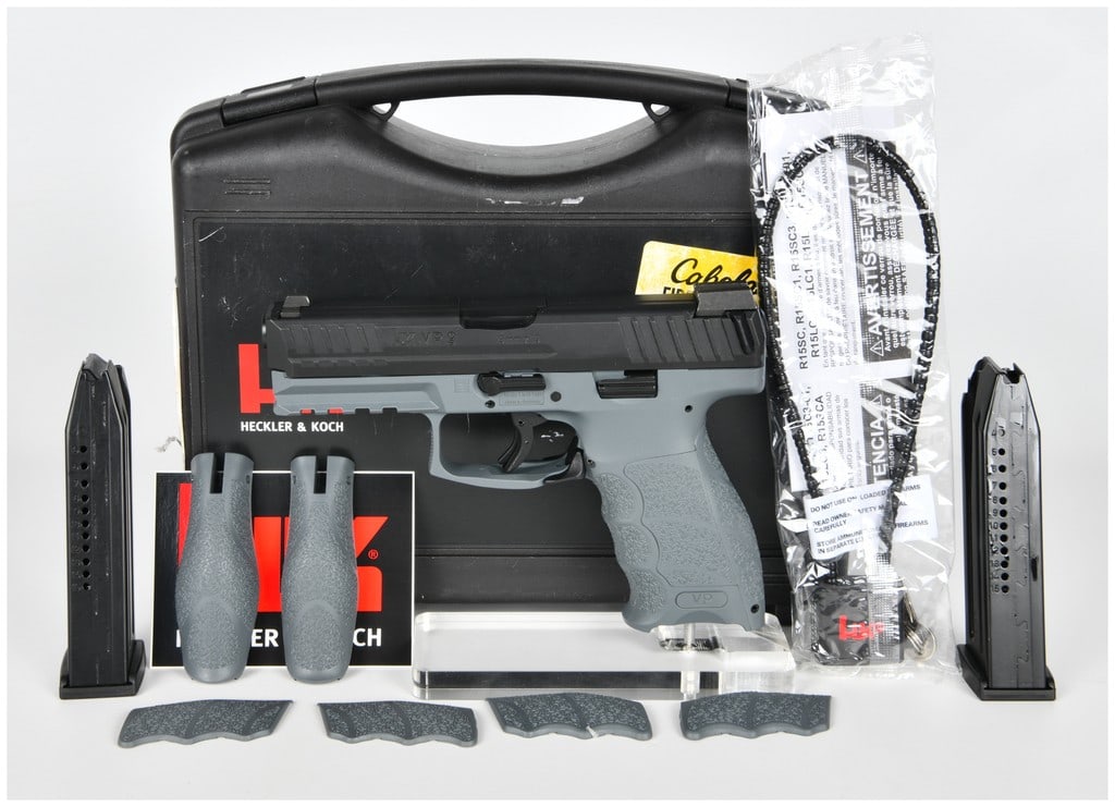 Heckler & Koch VP9 Semi-Automatic Pistol (4.09 BBL) 9mm x 19 Serial 224-198278: Heckler & Koch VP9 semi-automatic pistol, Serial Number 224-198278. This is a modern, striker-fired pistol featuring a black finished steel slide and a light gray polymer frame assembly. The pistol is