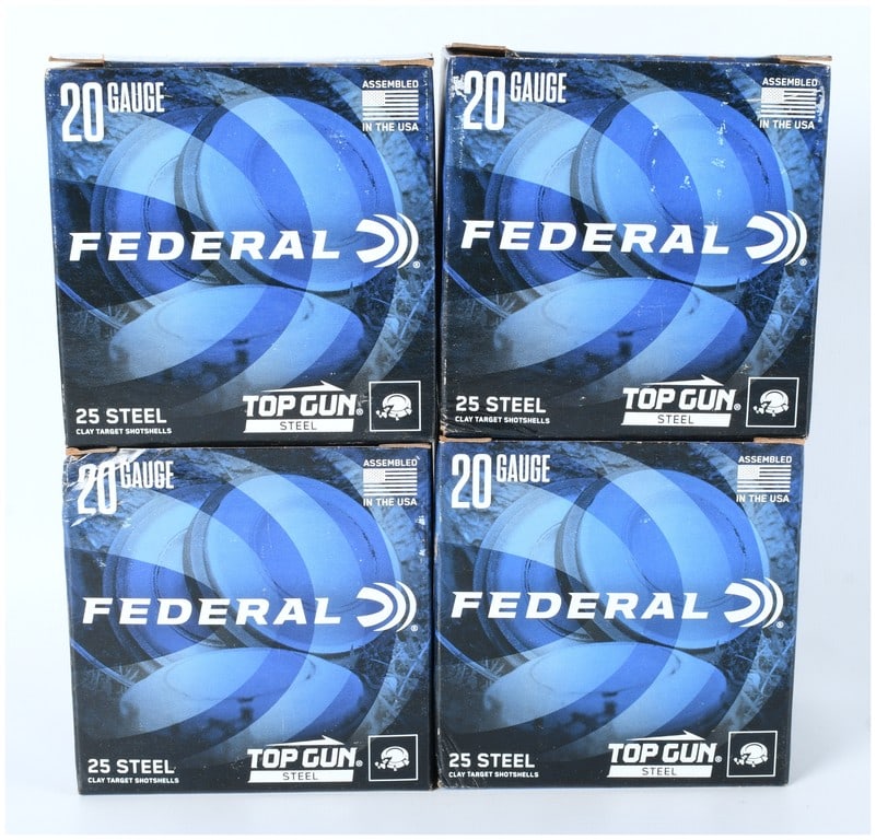 A Lot of 100 Federal Top Gun Steel 20 Gauge 2 3/4 Inch Shotshells (1 of 3)