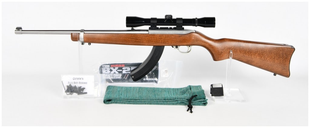 Ruger Model 10/22 Carbine Semi-Automatic Rifle .22 LR, Serial Number 250-04905: A lot consisting of two components: a Sturm Ruger Model 10/22 Semi-Automatic Carbine and a collection of associated accessories. The rifle is chambered in .22 Long Rifle (.22 LR) caliber. The receiver