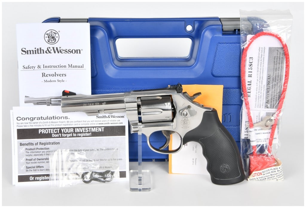 Smith & Wesson Model 67-5 Double Action Revolver (.38 S&W SPL. +P, 4 inch BBL): Smith & Wesson Model 67-5 Double Action Revolver, Serial Number CWM8994. This is a modern K-frame revolver, the stainless steel equivalent of the Model 15, featuring a six-round fluted cylinder and ch