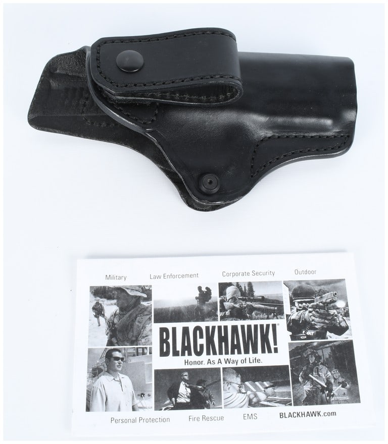 Blackhawk CQC Leather Inside-the-Waistband Holster for S&W M&P 9/40 4.0 Inch: This lot consists of a group of three items: one Blackhawk CQC Inside-the-Waistband (IWB) leather holster, its original plastic retail packaging, and one Blackhawk promotional leaflet. The holster is