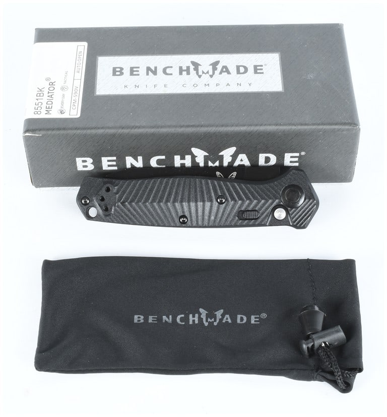 Benchmade 8551BK Mediator Automatic Folding Knife CPM-S90V: A trio of Benchmade collectibles centered around the high-performance 8551BK Mediator automatic folding knife. The knife features an all-black tactical design, including textured grip scales with a ch