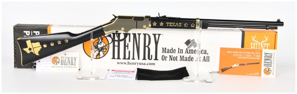 Henry Golden Boy Texas Tribute Edition Lever Action Rifle Model H004TX .22 S/L/LR (20 BBL) Serial: A modern commemorative lever-action rifle identified as the Henry Repeating Arms Golden Boy Texas Tribute Edition, Model H004TX. The rifle is chambered for .22 Short, Long, or Long Rifle (.22 S/L/LR)