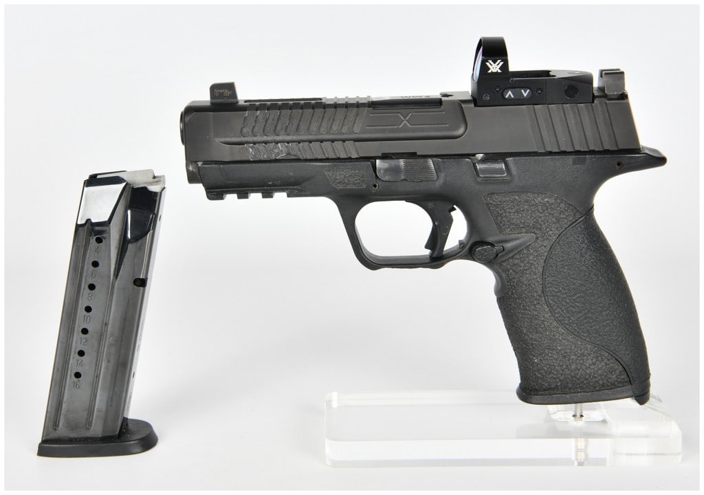 Smith & Wesson M&P9 M2.0 Custom Semi-Automatic Pistol (9MM) SN HPR8092: This is a highly customized Smith & Wesson M&P M2.0 series semi-automatic pistol. The firearm features a matte black polymer frame with aggressive stippling/texture and a metal slide that appears to b