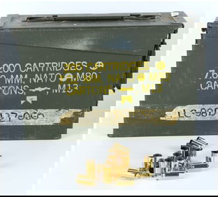 Military Surplus Metal Ammo Can Stenciled 7.62 MM NATO M80 Containing Spent Brass Rifle Casings