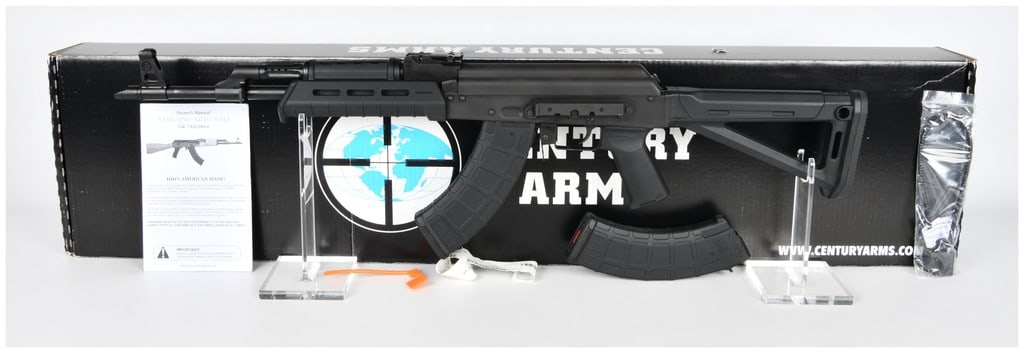 Century Arms RAS47 Semi-Automatic Rifle 7.62x39mm Serial Number RAS47074512: This is a Century Arms Model RAS47 semi-automatic rifle chambered in 7.62x39mm. The rifle is built on a stamped receiver and utilizes a gas-operated Kalashnikov action. The firearm is finished in a un