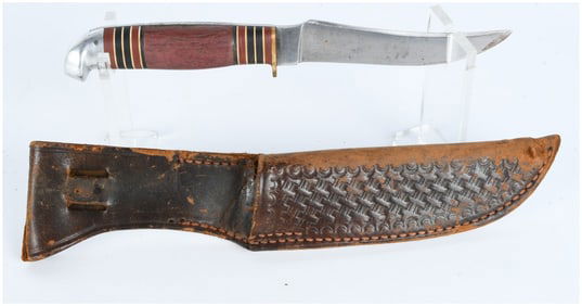 Western Auto Supply Co. Stacked Handle Hunting Knife with Browning Leather Sheath