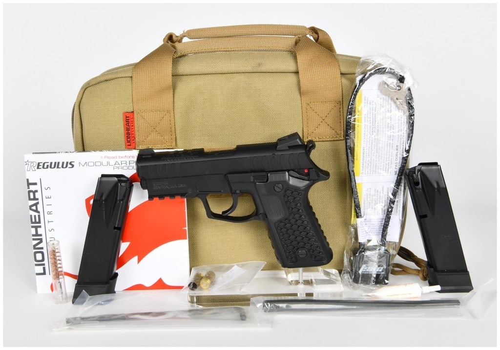 Lionheart Industries Regulus Beta Short Semi-Automatic Pistol, 9MM PARA, S/N B000163: This lot features a Lionheart Industries Regulus Beta Short semi-automatic pistol chambered in 9MM PARA. The pistol is finished in black matte and features a slide marked LIONHEART INDUSTRIES and a