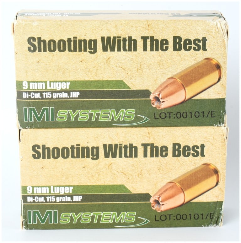 IMI Systems 9mm Luger 115 Grain Di-Cut JHP Ammunition Lot of 100 Rounds: This lot consists of 100 rounds of factory-loaded ammunition manufactured by IMI Systems (Israeli Military Industries). The caliber is 9mm Luger (9x19mm Parabellum). The ammunition features a 115