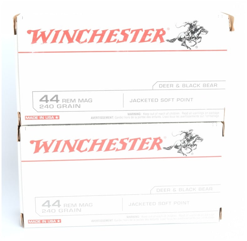 A Lot of 100 Rounds of Winchester .44 Remington Magnum 240 Grain JSP Ammunition: A Lot of 100 Rounds of Winchester USA .44 Remington Magnum (Rem Mag) Centerfire Ammunition. This lot consists of two factory-sealed boxes, each containing 50 rounds, for a total of 100 cartridges.