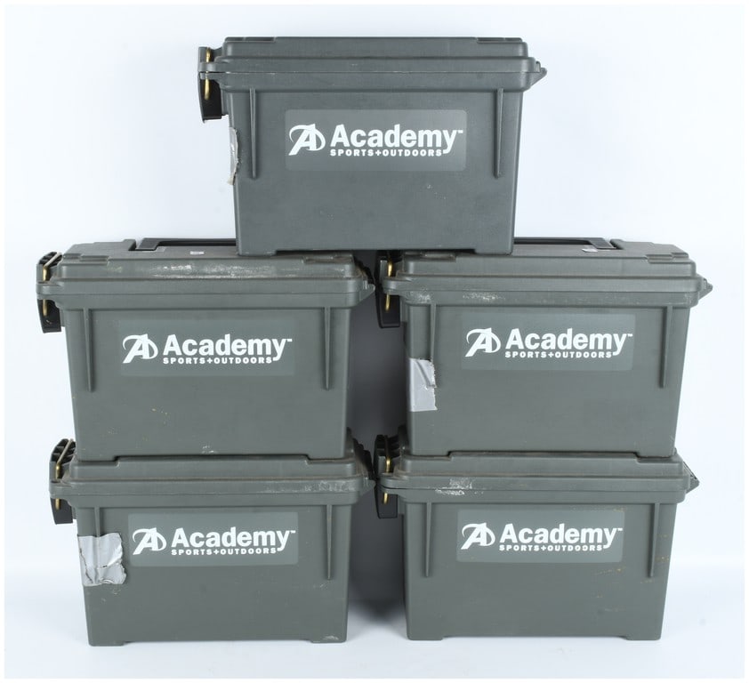 A Lot of Five Plano Molding Co. Model 1312 Academy Sports + Outdoors Ammunition Storage Containers: A collection of five plastic utility storage containers manufactured by Plano Molding Co., identified internally as Model 1312. Each container is constructed of dark olive drab green plastic,