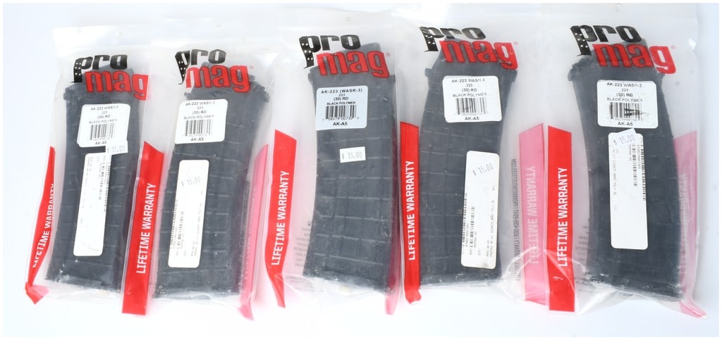 A Lot of 5 Pro Mag AK-.223 WASR-3 30-Round Black Polymer Detachable Magazines: This lot consists of a collection of 5 Pro Mag detachable box magazines. These accessories are manufactured from black polymer and are designed for AK-platform rifles chambered in .223 Remington