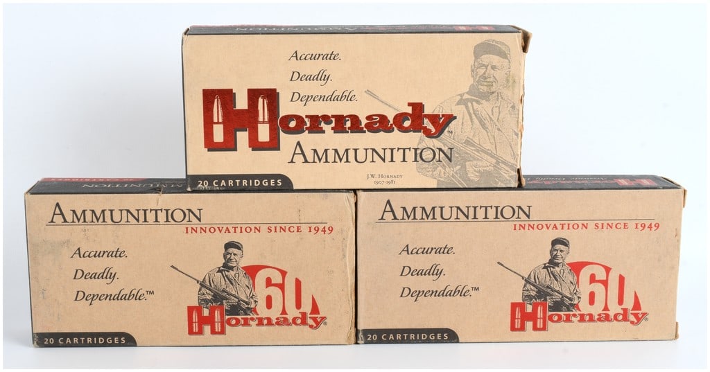 A Lot of 60 Hornady Custom 300 RCM Rifle Cartridges (150 gr SST and GMX): A collection of 60 factory-packaged Hornady Custom centerfire rifle cartridges in .300 RCM (Ruger Compact Magnum) caliber. The lot consists of three original 20-round boxes. One box (Item #82231)