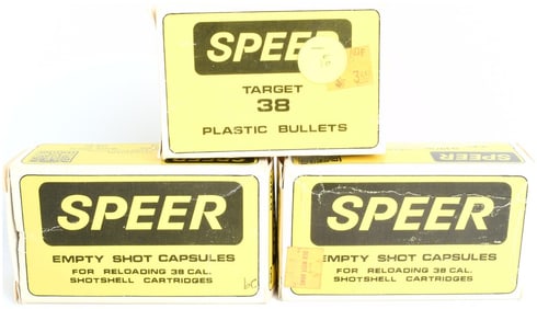 Speer .38 Caliber Reloading Components Lot of Three Boxes Plastic Bullets and Empty Shot Capsules