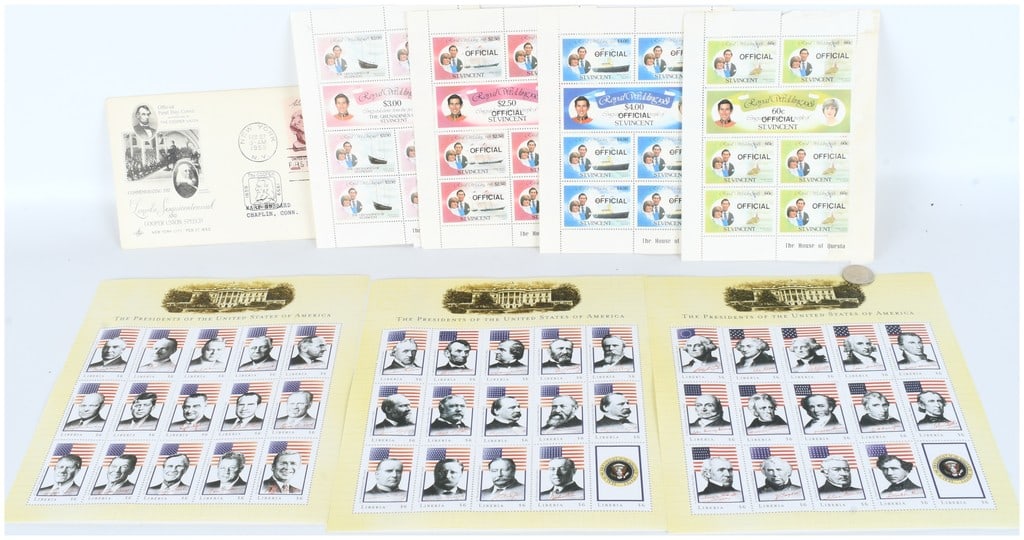 Collection of 71 Stamps: US FDC, St. Vincent 1981 Royal Wedding MNH Sheets, Liberia Presidents (1 of 11)